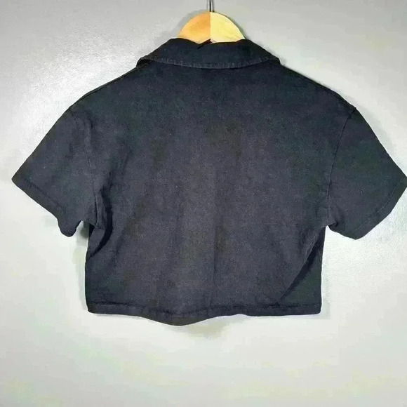 ARITZIA SUNDAY BEST Preppy Boxy Black Crop Polo Collar Button Up Top Women XS - Picture 8 of 8